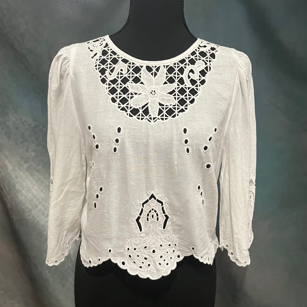 H&M White Linen Blend Eyelet Crochet Blouse 3/4 Puff Sleeve Scalloped Crop Top M